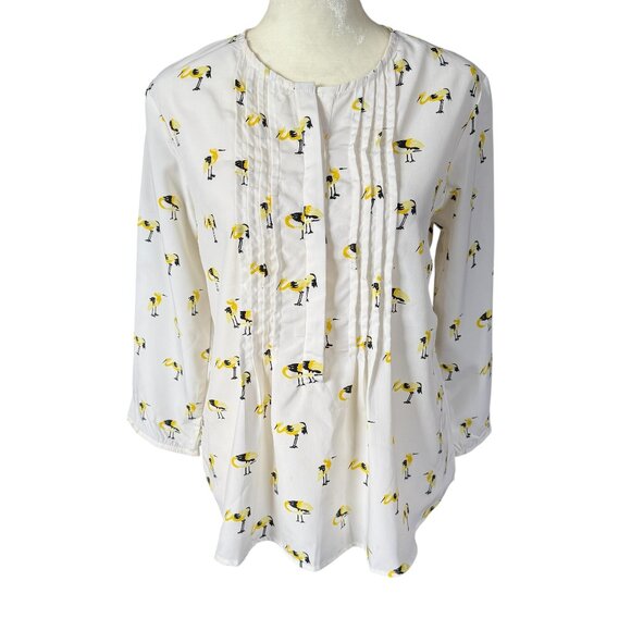 Oat & Fawn cream bird print 3/4 sleeve 1/2 zip blouse women's size XS - Picture 1 of 9